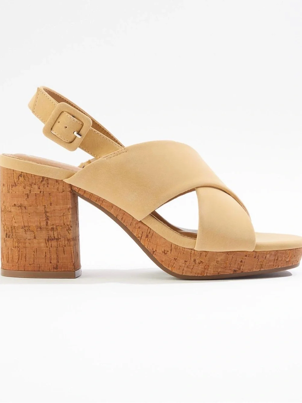 Premium Tan Cork Block Heel Slingback faux leather Sandal 3.5 inch heel